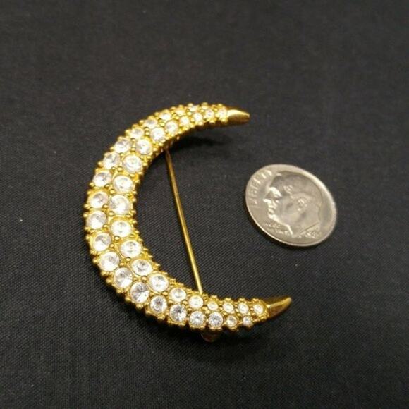 Crescent Moon Swarovski Signed Swan Logo Crystal Rhinestone Brooch, 1 3/4 Inches - Picture 6 of 9